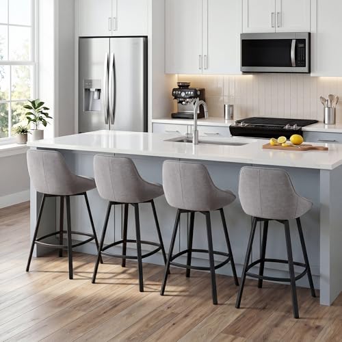 Image of Zesthouse Swivel Bar Stools Set of 4, Modern Counter Height Barstools with Backs, 26'' Upholstered Linen Fabric High Chairs for Island Kitchen, Counter Height Chairs with Metal Legs, Grey