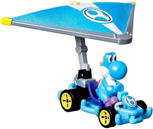 Hot Wheels Mario Kart 1:64 Escala fundida a presión Yoshi azul claro en marco de tubo Kart con Super Glider