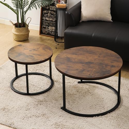 BIGTREE Couchtisch Rund, Wohnzimmertisch Modern, Satztisch 2er Set, Größe: 70x70x45cm, 50 x50x40cm, Beistelltisch Set aus Holz mit Metallgestell für Wohnzimmer Balkon Büro (Braun) – Bild 7
