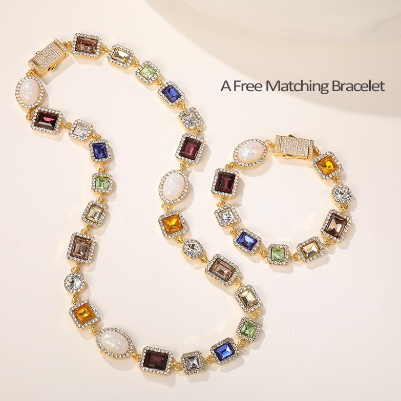 Tennis Necklace for Men and Women,Diamond Choker with Cubic Zirconia Gemstone,Vintage Chain Necklace with Opal Stone,Crystal Statement Chokers,Jewelry for Chrismas,Birthday,Anniversary,Gold and Silver - Image 5