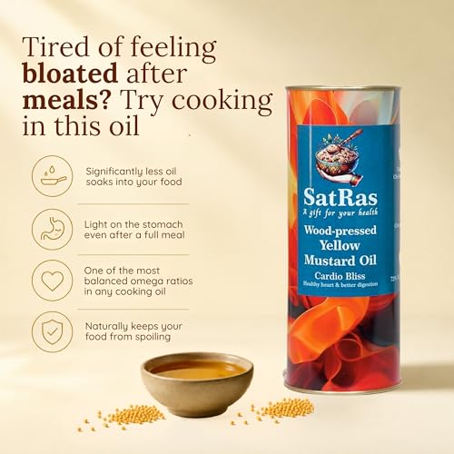 Image of SatRas Wood Pressed Yellow Mustard Oil 1 Ltr | Cold Pressed Kachi Ghani Sarso Oil | Wooden Kolhu Extracted Sarson Tel | Rich in Omega 3, 6 & Vitamin E, Unrefined, Chemical Free, Pure Indian Edible Oil