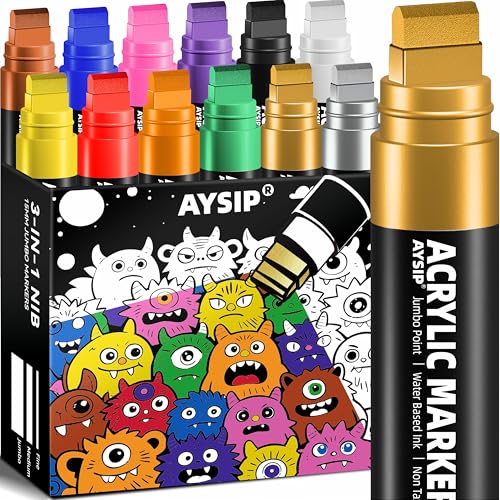 AYSIP 12 Colors Jumbo Markers Set 15mm Large Wide Tip Thick Acrylic Paint Markers for Painting Rock Window Glass Wood Fabric