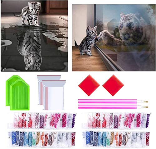 INSANYJ 5D Diamant Peinture Ensemble Complet, 2 pièces Diamant Images avec Outils, Chat et Tigre, Kits de Peinture Diamant pour Enfants et Adultes, pour la Décoration Murale à la Maison Cover