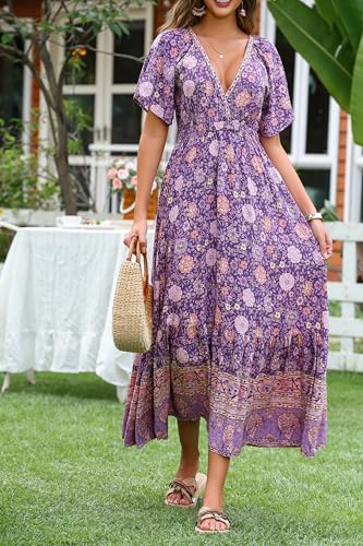 Image of R.Vivimos Women's Summer V Neck Maxi Dress Boho Floral Print Short Sleeve Elastic Waist Ruffle Patchwork A-Line Beach Dress