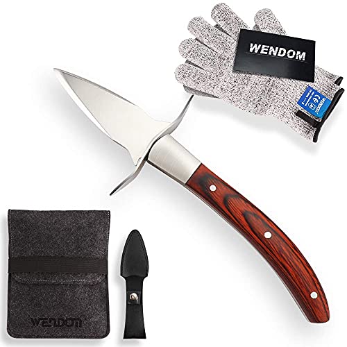 WENDOM Oyster Shucking Knife and Gloves Pakka Wood Handle Oyster Opener Shucker Premium Quality with Full Tang Blade, Leather Sheath and Cut Resistant Gloves