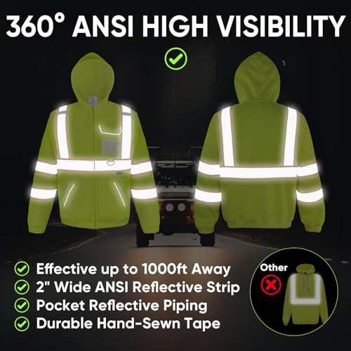 TICONN High Visibility Safety Sweatshirt Hoodie, Reflective Hi-Vis ANSI Class 3 Fleece Zippered Hooded Jacket for men and women (Yellow, XL) by TICONN - Used condition - US$27.07