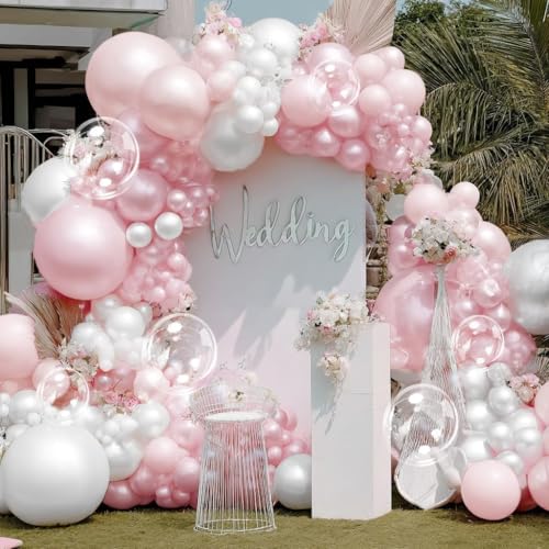 Pearl Pink White Balloon Arch Double Stuffed Pastel Light Pink
