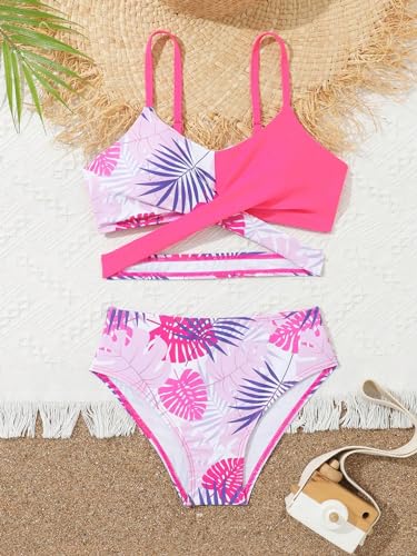 Image of WDIRARA Girl's Tropical Print Cut Out Criss Cross Bikini Set Swimsuit 2 Piece Bathing Suit
