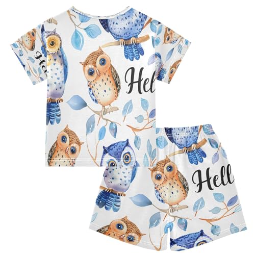 senya Short Sleeve Pajamas Sets Summer Cotton Sleepwear Watercolor Funny Owls2
