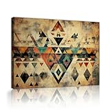 レトロなアステカアートキャンバスプリントひし形幾何学の写真農家の家寝室の壁の装飾のためのウォールアートを印刷32x42cmインナーフレームを吊るす準備ができています