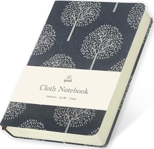Image of ipoul Linen Notebook, Hardcover Cloth Journal, B6, 264 Pages, 5x7 Small Lined Notebook & Sketchbook, Lay Flat, White Tree Navy Blue Fabric, Dirt-proof, Suitable for Outdoor Sketching
