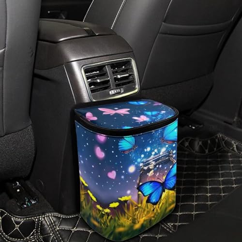 Image of Butterfly Hanging Car Trash Bin Butterfly Car Interior Storage Accessories Portable Leak-Poof Vehicle Garbage Cans Mini Car Trash Cans for Front Back Seat Blue Butterfly