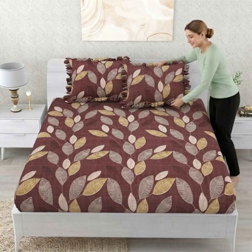 Image of Dream Weaverz- Polycotton Printed Double Bed Size Fitted Elastic Bedsheet,2 Pillow Cover,260 Thread (72 inch x 78 inchx7 inch) Home, Bedroom (Dark Brown, King)