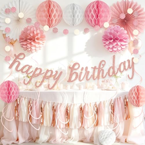 Image of Rose Gold Pink Birthday Decorations for Women Girls, Pre-Strung 24pcs | Happy Birthday Banner, Honeycomb Balls, Paper Flowers, Lanterns, Streamers, Dots Garland for Happy Birthday Party Decorations