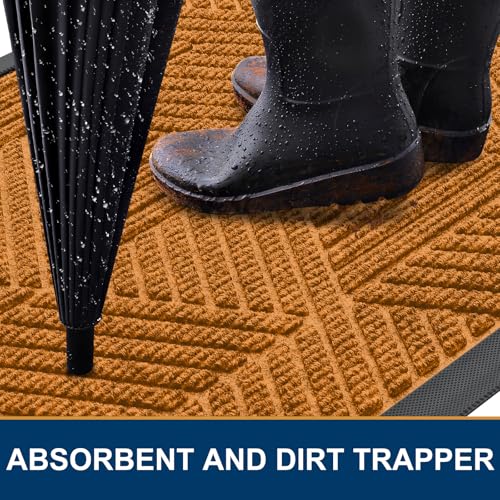 Image of Smiry Front Door Mat Outside Entrance, Heavy Duty Sturdy Natural Rubber Doormat, Trap Dirt and Moisture, Easy Clean Low Profile Mats for Indoor Outdoor Entry, Irregular Triangle (29.5x17, Amber)