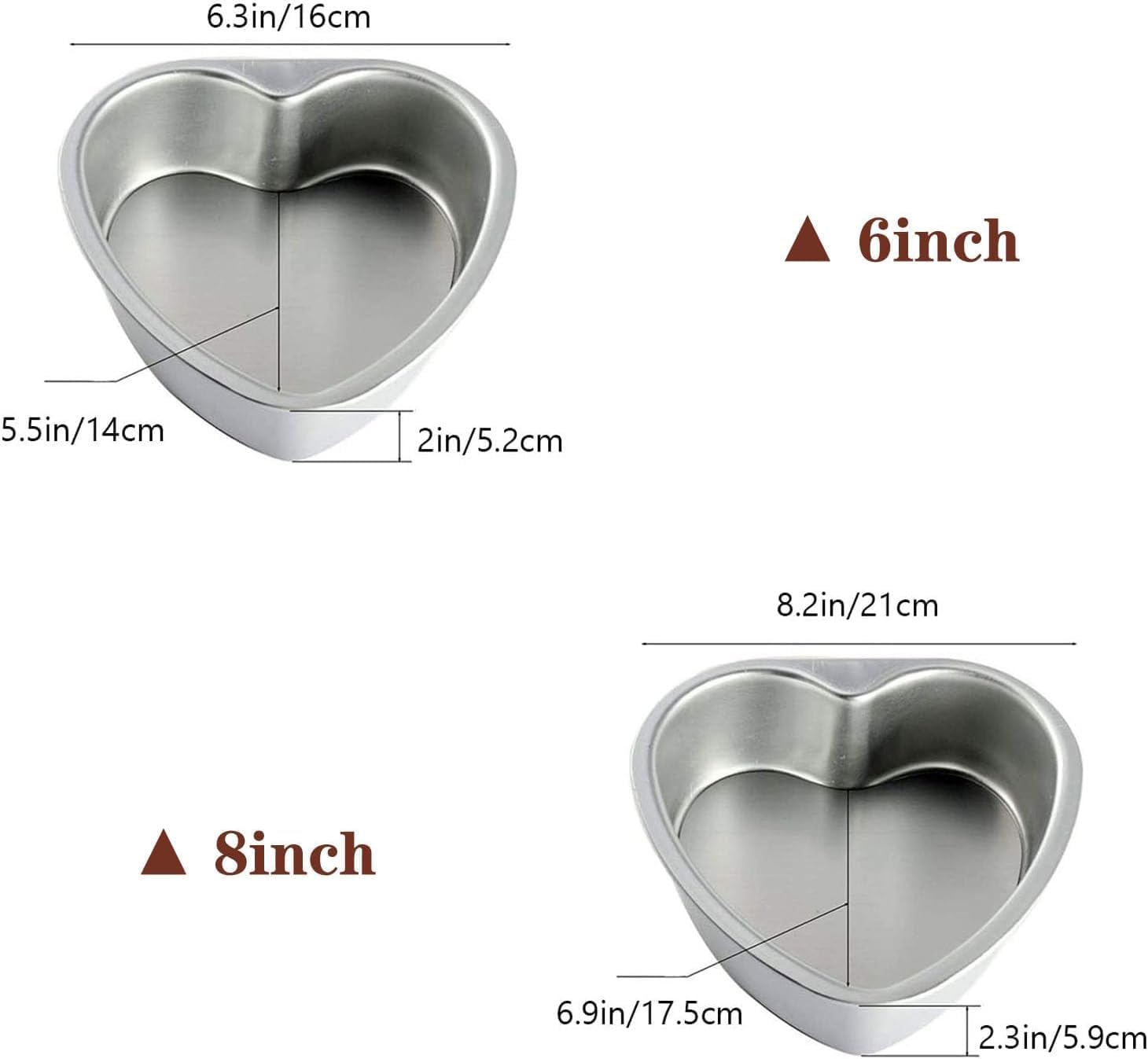 Lot de 2 moules à gâteau en forme de cœur, antiadhésifs en aluminium de 20,3 et 15,2 cm, moule à gâteau en forme de cœur, moule à gâteau pour desserts romantiques – 2 pièces, fond fixe