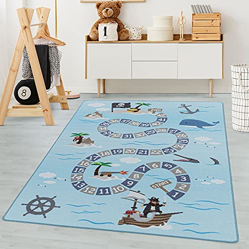 Carpetsale24 Kinderteppich Modern Piraten-Design Blau 100 x 150 cm - Kurzflor Teppich Kinderzimmer...