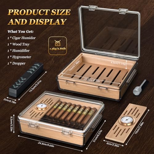 Image of Acrylic Cigar Humidor, Clear Cigar Box with Hygrometer, Humidifier and Cedar Wood Tray, Desktop Cigar Case Can Hold About 20-30 Cigars (Clear)