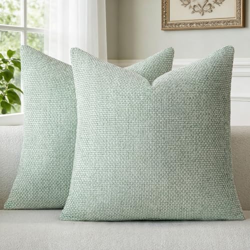 a moment Kissenbezug 40x40 Hellgrün Chenille Dekokissen Frühling Kissenbezüge 2er Set Muster Deko Grün Sofakissen Zierkissen Frühling Waschbar Flauschig Kissenhülle für Sofa Wohnzimmer Schlafzimmer