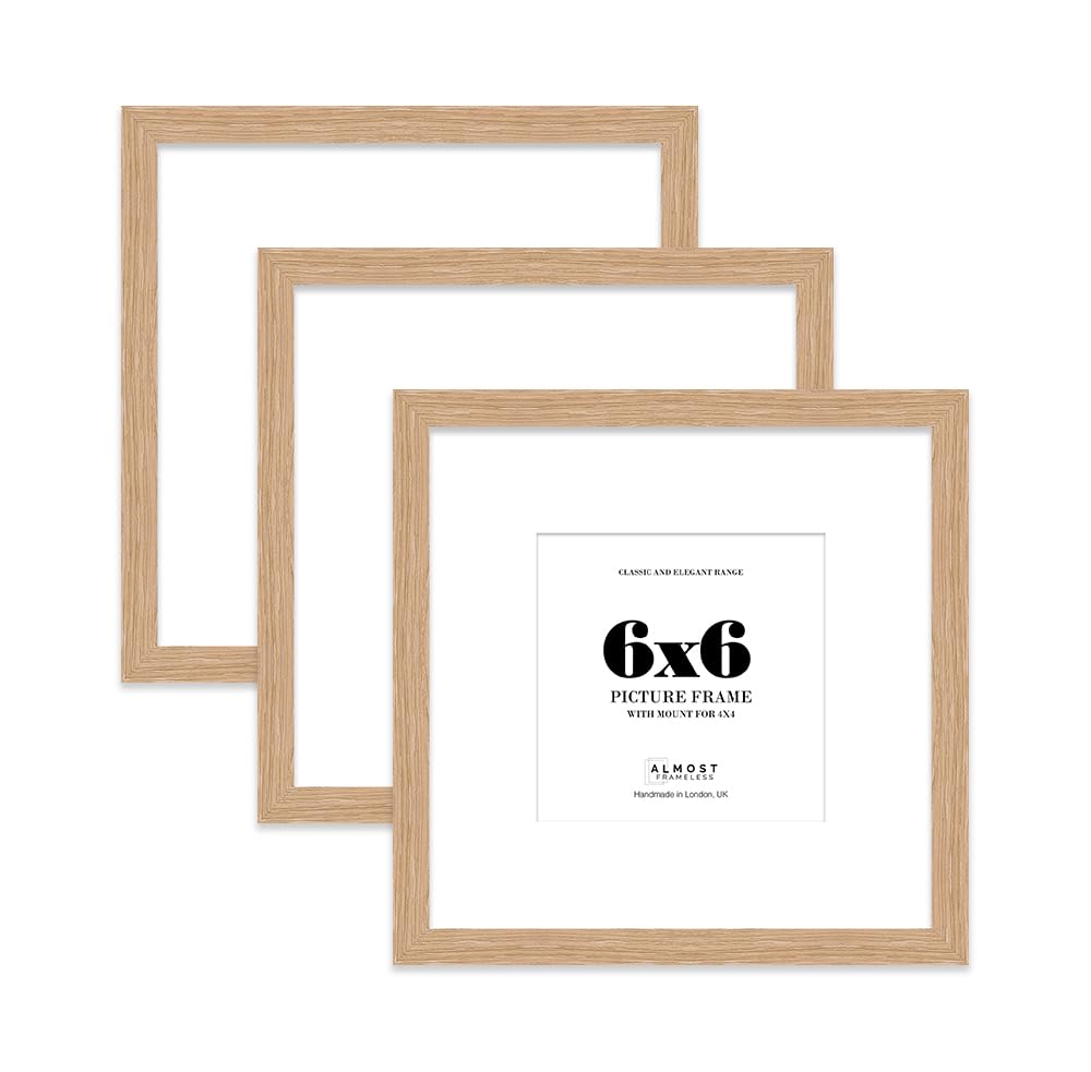 6x6 Oak Picture Frame with Mount for 4x4 Photos, Prints - Modern Square Wall Frame, Set of 3