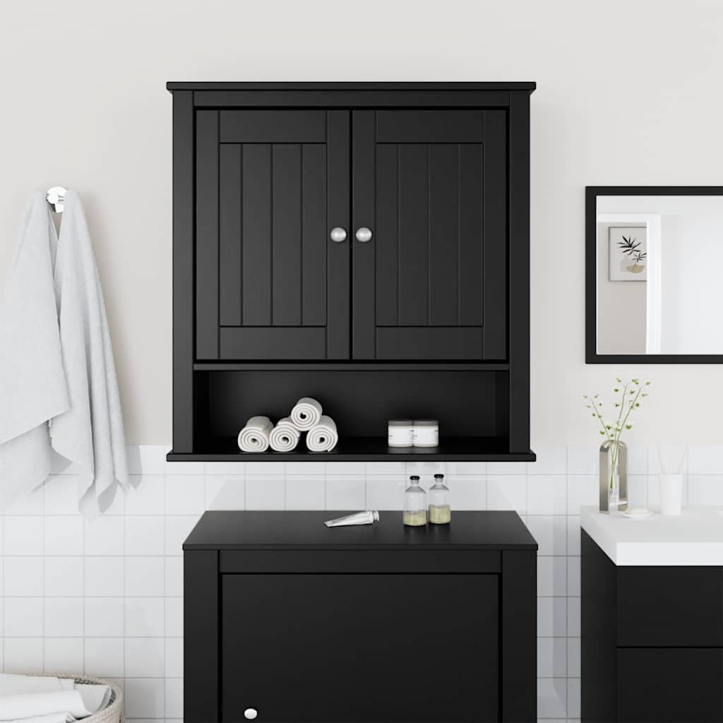 Szafka ścienna Berg czarna z litego drewna sosnowego, 69,5 x 27 x 71,5 cm, 2 drzwi, 3 półki, montaż ścienny do łazienki, przechowywanie i porządek, miejsce do przechowywania