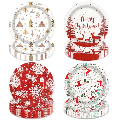 EVYIENEN 48 Pcs Christmas Paper Plates,7 Inch Christmas Paper Dinner Plate Tableware Dessert Party Plates for Birthday Party Decorations,Pack of 4 Colors