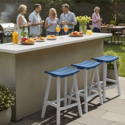 Image of Ciokea 2 Set 29 inch Outdoor Bar Stools, Heavy Duty HDPE Outdoor Stools Weatherproof Waterproof Patio Seats Modern Bar Height Tall BarStools for Bar Deck Balcony Yard, White and Navy Blue