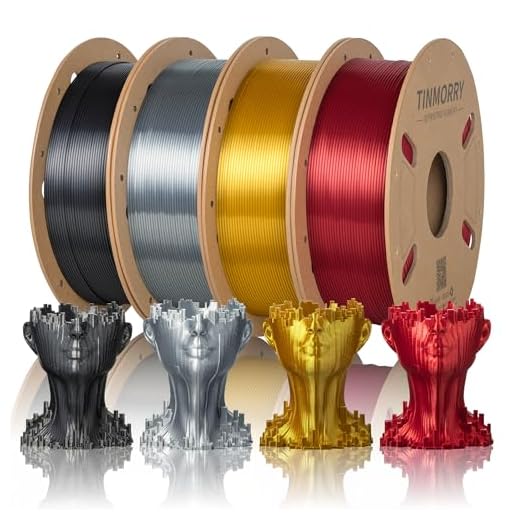 TINMORRY Silk PLA Filament Bundle, 3D Printer Filament 1.75 mm Multicolor Pack, Red & Gold & Silver & Iron Black, 750g x 4 Spools