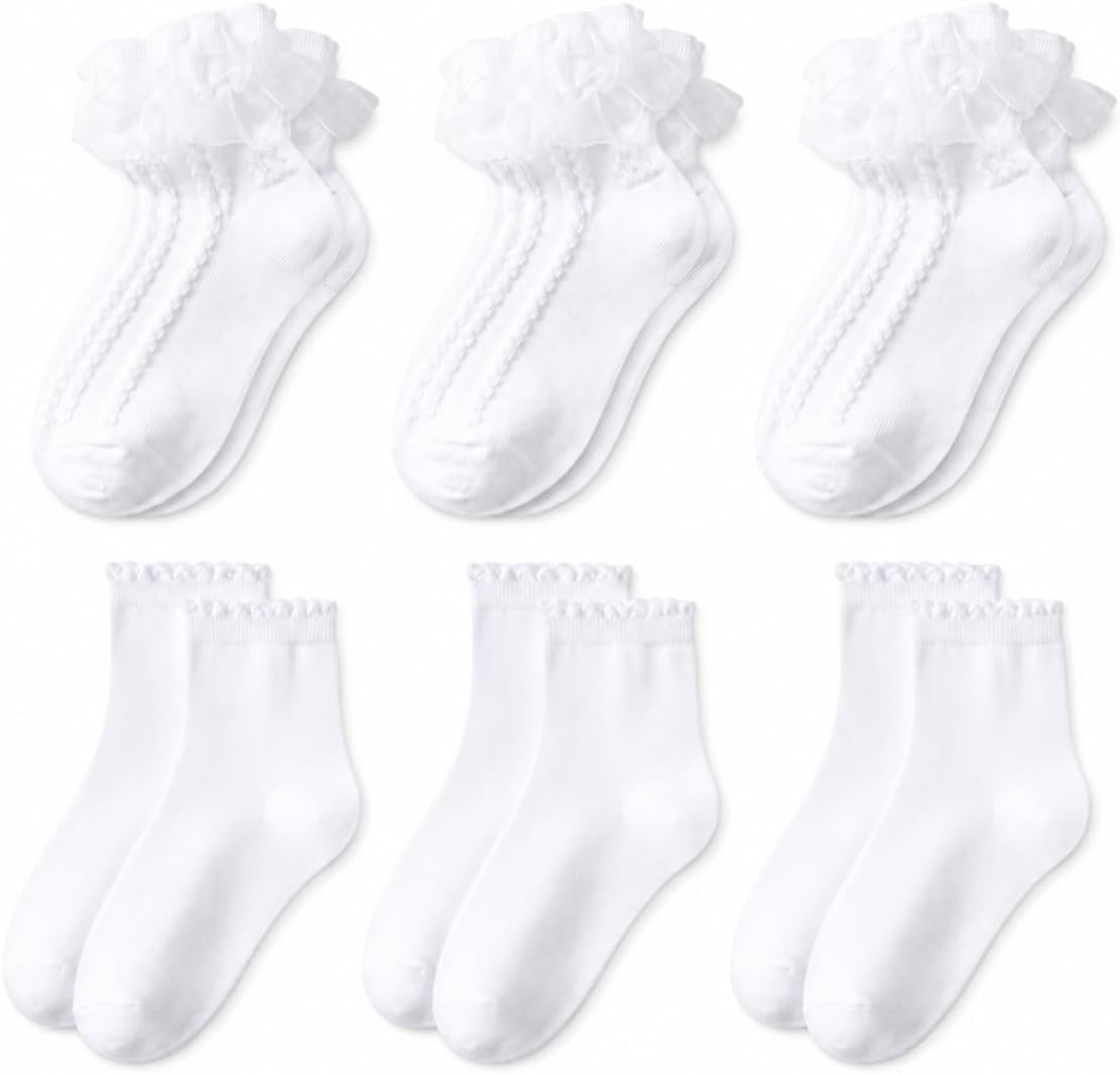 Girls White Ruffle Socks,6 Pairs Soft Cotton Lace Frilly Ankle Socks for Baby,Princess Dress Socks for Daily Wear