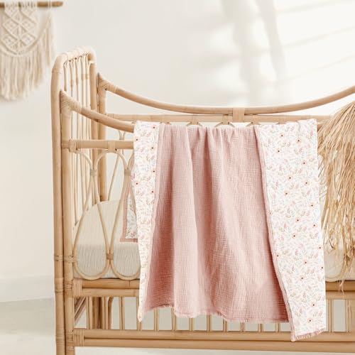 Image of lulumoon Muslin Baby Blanket for Girls - Soft Cotton for Newborn - 4 Layer Reversible Breathable Floral Receiving Blanket for Nursery Crib and Stroller 47 inchx47 inch (Pink Flower)