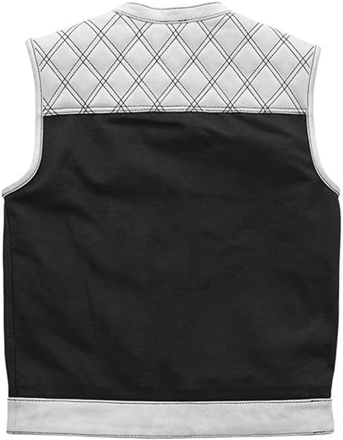 Mens Western Denim Leather Motorcycle Combo Club Collar Vest with White Stitching Light Weight2