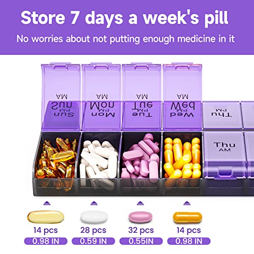 Image of Weekly AM PM Extra Large Pill Organizer, 7 Day Pill Case 2 Times a Day, XL Day Night Pill Case Twice a Day, Oversized Daily Medicine Organizer for Vitamin, Pill Container (Purple) | Easy-Open,High-Capacity,Easy-Open,Senior-Friendly,AM /PM,Weekly-Tracking,BPA-Free,Long-Lasting