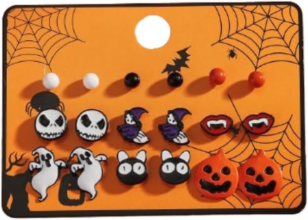 Halloween Stud Earrings Set for Women Cute Spider Web Pumpkin Ghost Bat Drop Dangle Earrings Halloween Party Jewelry
