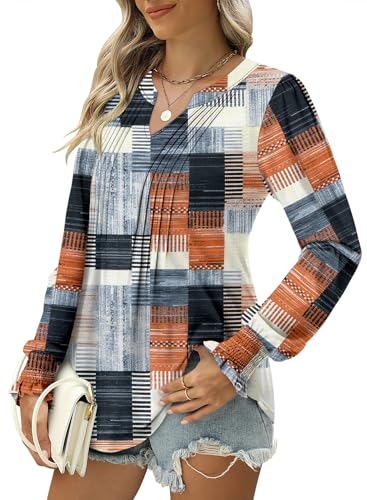 BETTE BOUTIK Long Sleeve Shirts for Women Fall Tops Dressy Blouses Pleated V Neck Tunic Tops for Leggings S-3XL
