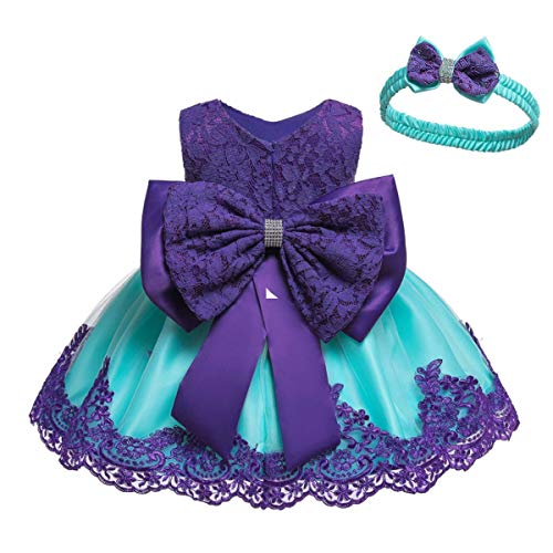 Image of HOIZOSG Baby Christening Dress Lace Pageant Baptism Wedding Formal Bowknot Birthday Party Tutu Flower Girls Dress w/Headwear