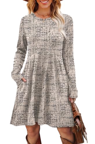 Image of OFEEFAN Long Sleeve Dress for Women Crew Neck Empire Waist Tunic Dress with Pockets