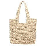 Larcenciel Bolsa Tote de Paja, Beige Bolsos Mujer Verano Playa con Asa Superior y Cremallera, Boho Bolso Hombro Trenzado Rafia para Compras, Vacaciones, Viajes, Trabajo y Diario, 39x40CM