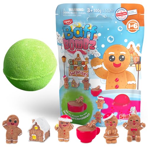 ZIMPLI - Christmas Surprise Bath Bomb Gingerbread 1 of 6 Gingerbread Toys to Collect One per Large Baff Bomb Collectable Toy for Boys & Girls Xmas & Birthday Gifts