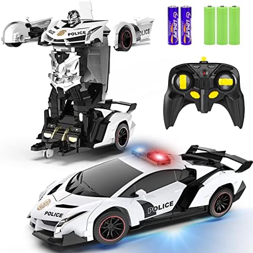 FDJ Remote Control Car - Transform Car Robot, One Button Deformation to Robot with Flashing Light, 2.4Ghz 1:18 Scale Transforming Police Car Kids Toys with 360 Degree Rotating Drifting, Boys Toys Gift