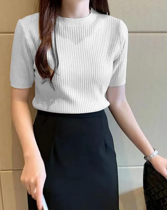 Image of Slim Fit Plain Stretchable Round Neck Rib Knit Short Sleeve Regular Top for Women | T Shirt | Tee