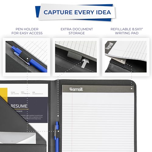 Image of Samsill Contrast Stitch Faux-Leather Padfolio, Business Portfolio for Men and Women, Resume Document Organizer with 8.5 x 11 Inch Writing Pad, Black
