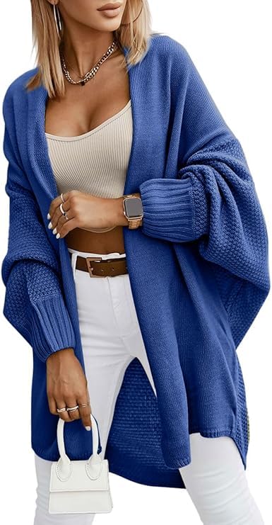 Saodimallsu Cárdigan de punto para mujer de manga larga oversize con frente abierto suéter ligero largo abrigo de punto casual elegante de color sólido pullover, azul, XL