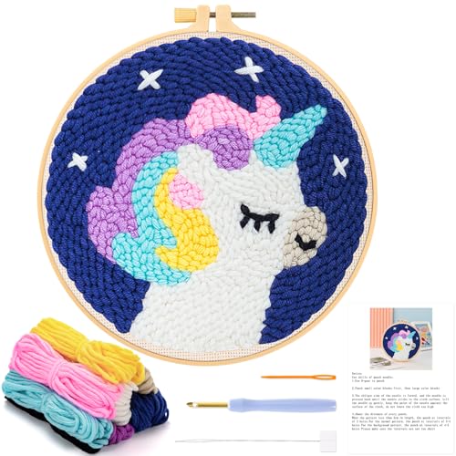 JSRQT Kit per Principianti Punch Needle, Kit Ricamo con Ago da Punzonatura per Adulti Bambini, Punch Needle Starter Kits con Modello di Unicorno, Kit Iniziale con Ago da Punzonatura con Strumento
