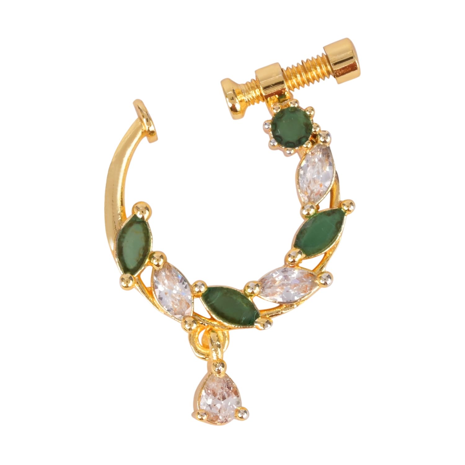 Gold Plated Traditional Ethnic Nose Ring/Nath Without Piercing Encased with Stones for Women (NL188G)