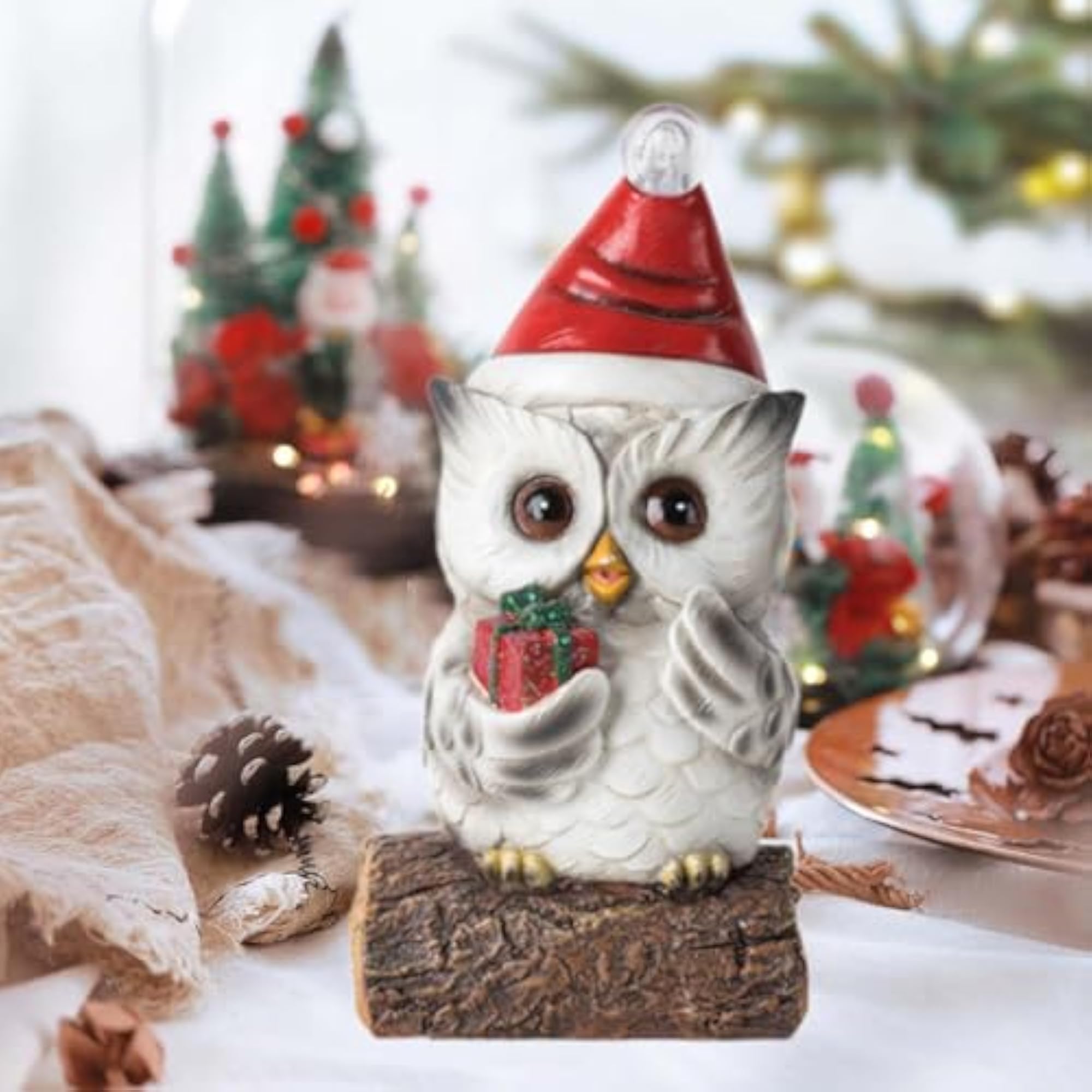 Christmas Owl Sculpture with Light Decor Figurine