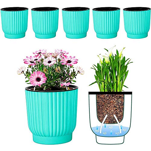 AOIO Lot de 6 Bac à Fleurs Auto-Irrigation Plastique Rond, Pot avec Réserve d'eau Pot avec Système d'Arrosage pour Planter Les Plantes Fleur Facilement, Décoration pour Jardin Maison Blue Cover