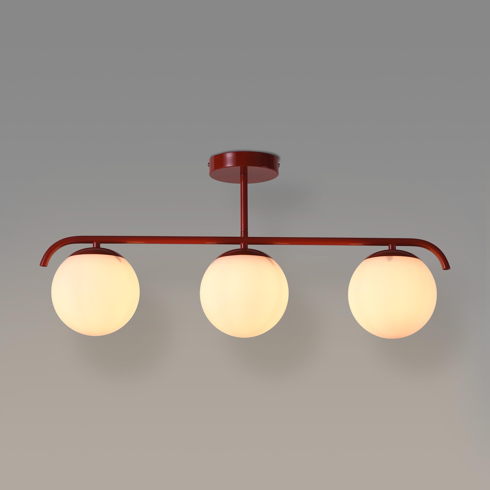 B·LED BARCELONA LED Potrójna lampa sufitowa, Talí” 3 opalowymi kulami szklanymi, 3xE27, minimalistyczny, nowoczesny styl, rozproszone oświetlenie do salonu, jadalni lub sypialni, metal czerwony