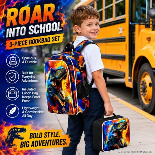 Image of 17 inch Dinosaur Backpack for Boy, 3Pcs Fire Bookbag for Elementary Preschool Kindergarten, Kids School Backpacks with Lunch Box (Red)