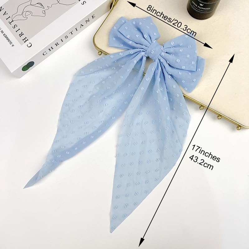 Ling & Bai 8 Inches Large Hair Bow Clip Big Long Tulle Layered Bows Barrettes Hair Accessories for Women Girls Teens (Blue) - Image 4