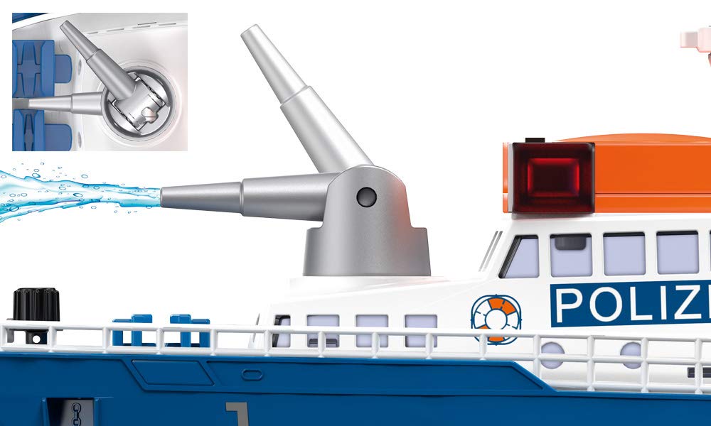 Siku 5401, Polizeiboot, Kunststoff, Blau/Weiß, Wasserkanone, Licht, Sound, Heckklappe, Inkl. Boje